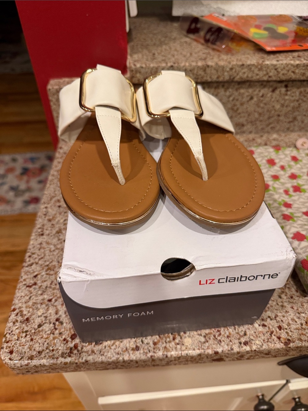 Liz Claiborne Cream and Tan Buckle Thong Sandals